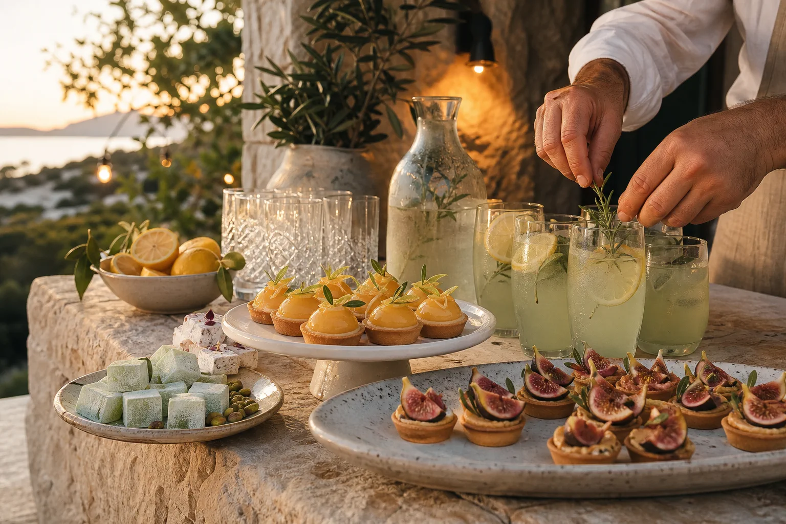 Dessert bar with lemon and fig tartlets at sunset