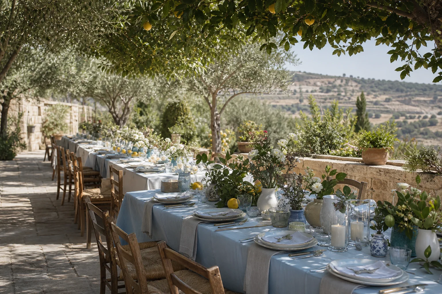 Pale blue celebration table beneath citrus trees