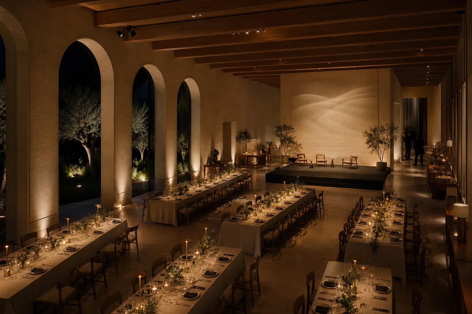 Refined limestone and timber event hall prepared for a gala