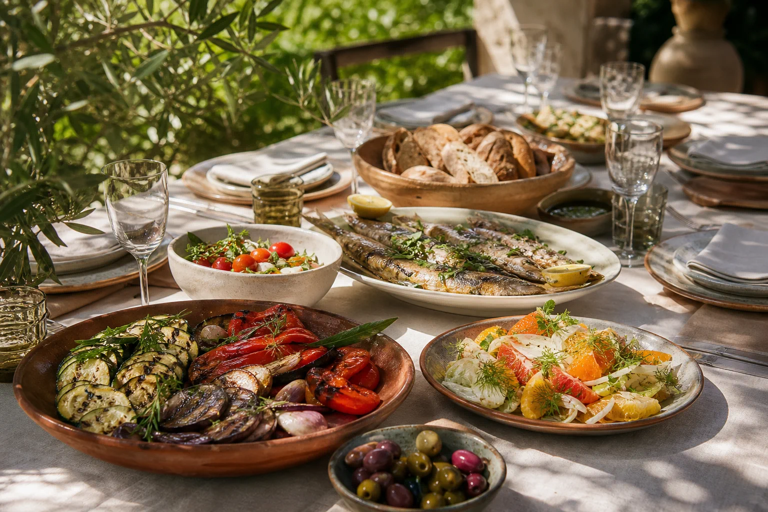 Mediterranean feast with grilled fish, vegetables and bread